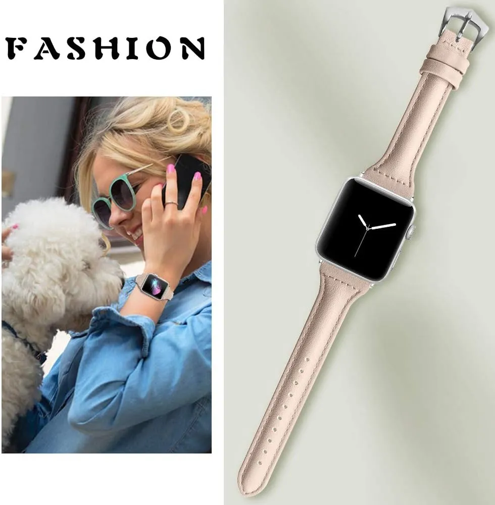 Replacement Bands Compatible Apple Watch 44mm,Thin Genuine Leather Strap Watch Band with Metal Buckle Adjustable 5.5-8.0 inch Compatible for iWatch Series 6/5/4/3/2/1 42MM/44MM - Apricot