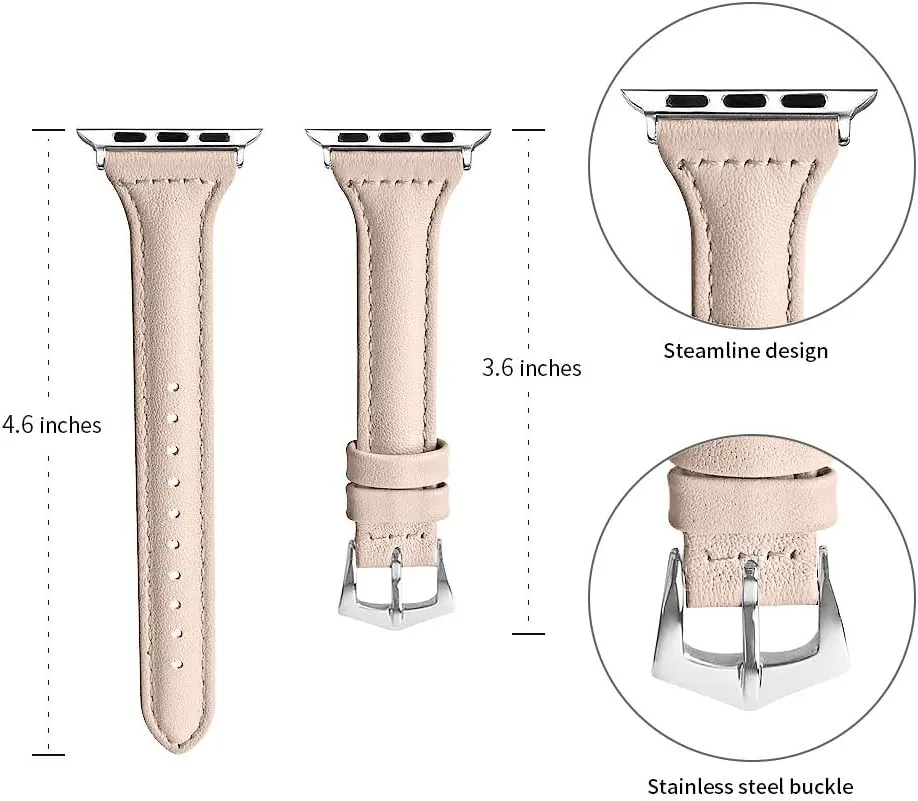 Replacement Bands Compatible Apple Watch 44mm,Thin Genuine Leather Strap Watch Band with Metal Buckle Adjustable 5.5-8.0 inch Compatible for iWatch Series 6/5/4/3/2/1 42MM/44MM - Apricot