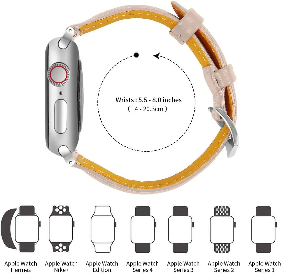Replacement Bands Compatible Apple Watch 44mm,Thin Genuine Leather Strap Watch Band with Metal Buckle Adjustable 5.5-8.0 inch Compatible for iWatch Series 6/5/4/3/2/1 42MM/44MM - Apricot