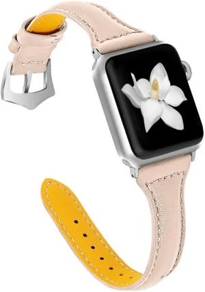 Replacement Bands Compatible Apple Watch 44mm,Thin Genuine Leather Strap Watch Band with Metal Buckle Adjustable 5.5-8.0 inch Compatible for iWatch Series 6/5/4/3/2/1 42MM/44MM - Apricot