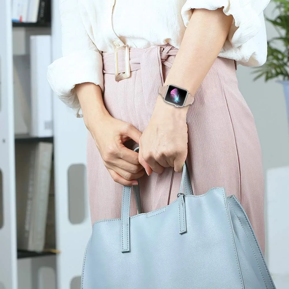 Replacement Bands Compatible Apple Watch 44mm,Thin Genuine Leather Strap Watch Band with Metal Buckle Adjustable 5.5-8.0 inch Compatible for iWatch Series 6/5/4/3/2/1 42MM/44MM - Apricot