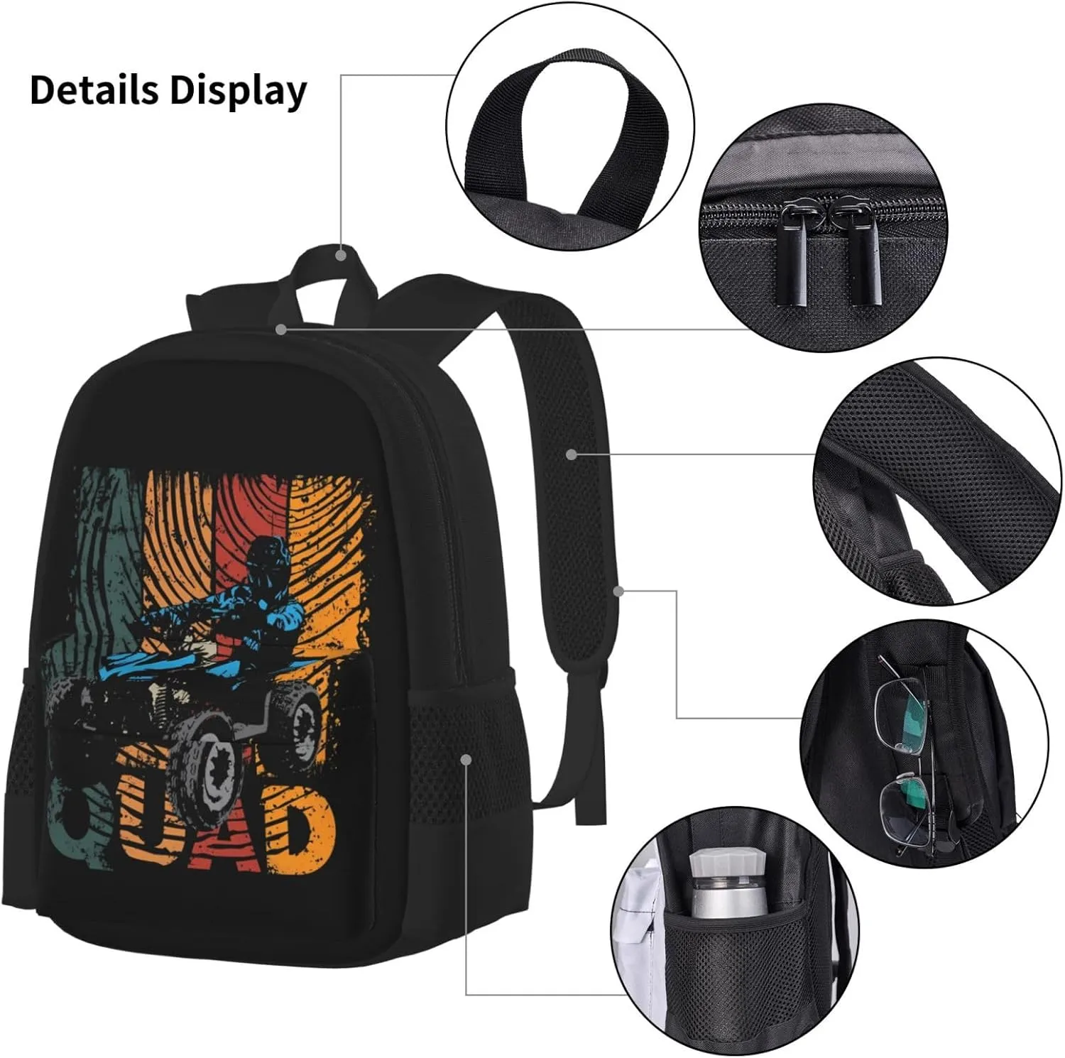 Retro Quad Driving Four Wheel Quad Riders Racing Motorsport Multifunctional Pocket Backpack Crossbody Lunch Bag Pencil Case 3Pcs Set Large Capacity Backpack
