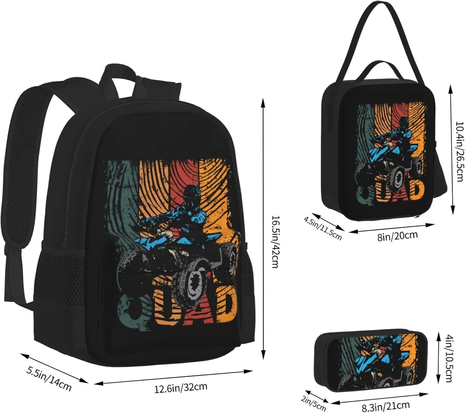 Retro Quad Driving Four Wheel Quad Riders Racing Motorsport Multifunctional Pocket Backpack Crossbody Lunch Bag Pencil Case 3Pcs Set Large Capacity Backpack