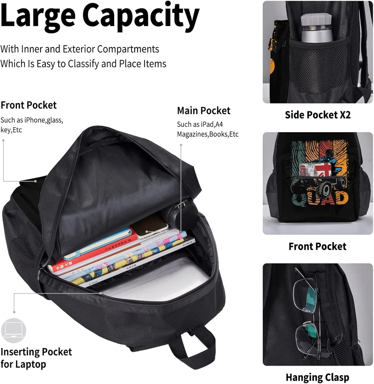Retro Quad Driving Four Wheel Quad Riders Racing Motorsport Multifunctional Pocket Backpack Crossbody Lunch Bag Pencil Case 3Pcs Set Large Capacity Backpack
