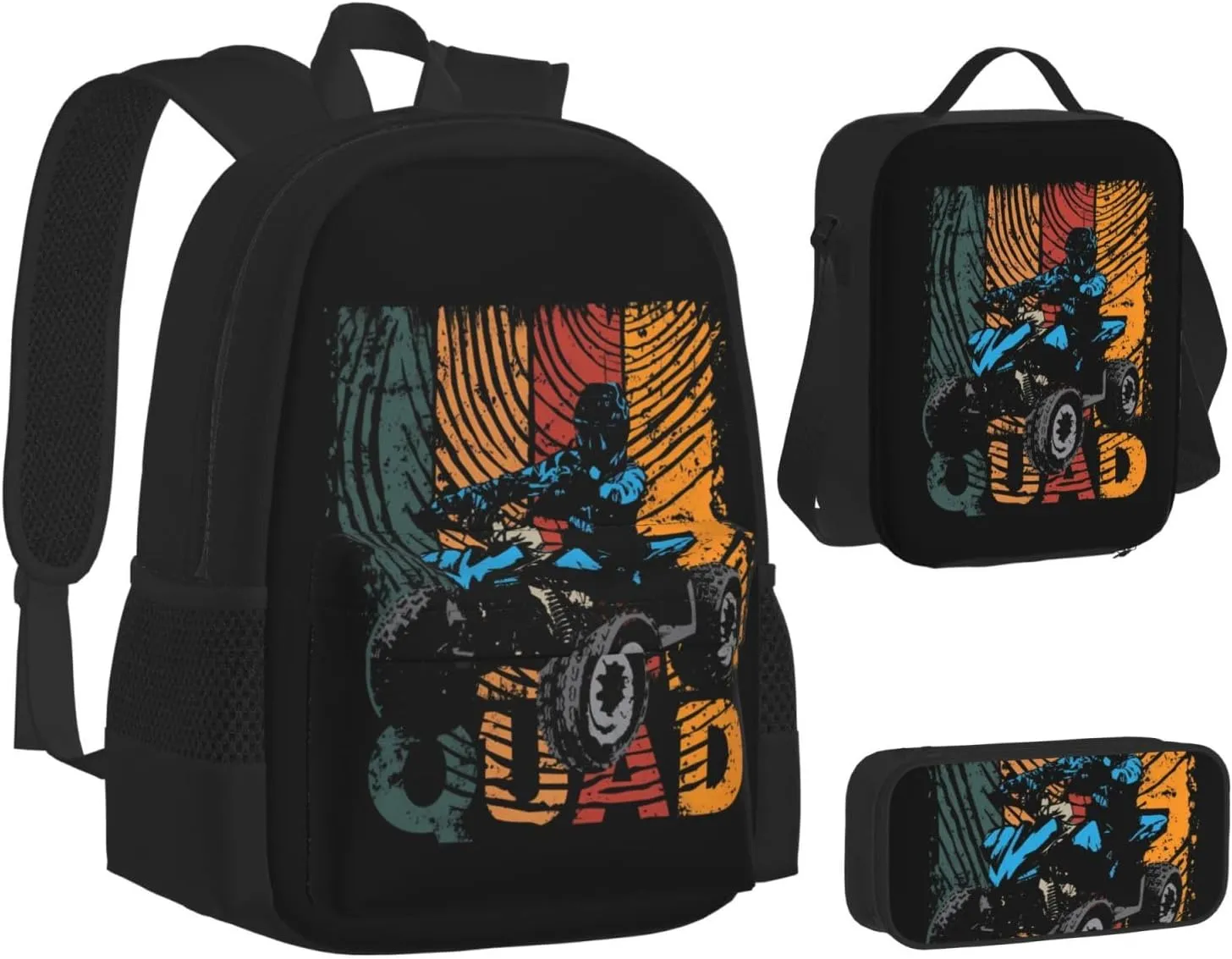 Retro Quad Driving Four Wheel Quad Riders Racing Motorsport Multifunctional Pocket Backpack Crossbody Lunch Bag Pencil Case 3Pcs Set Large Capacity Backpack