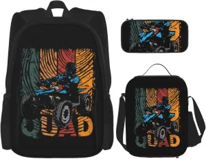 Retro Quad Driving Four Wheel Quad Riders Racing Motorsport Multifunctional Pocket Backpack Crossbody Lunch Bag Pencil Case 3Pcs Set Large Capacity Backpack