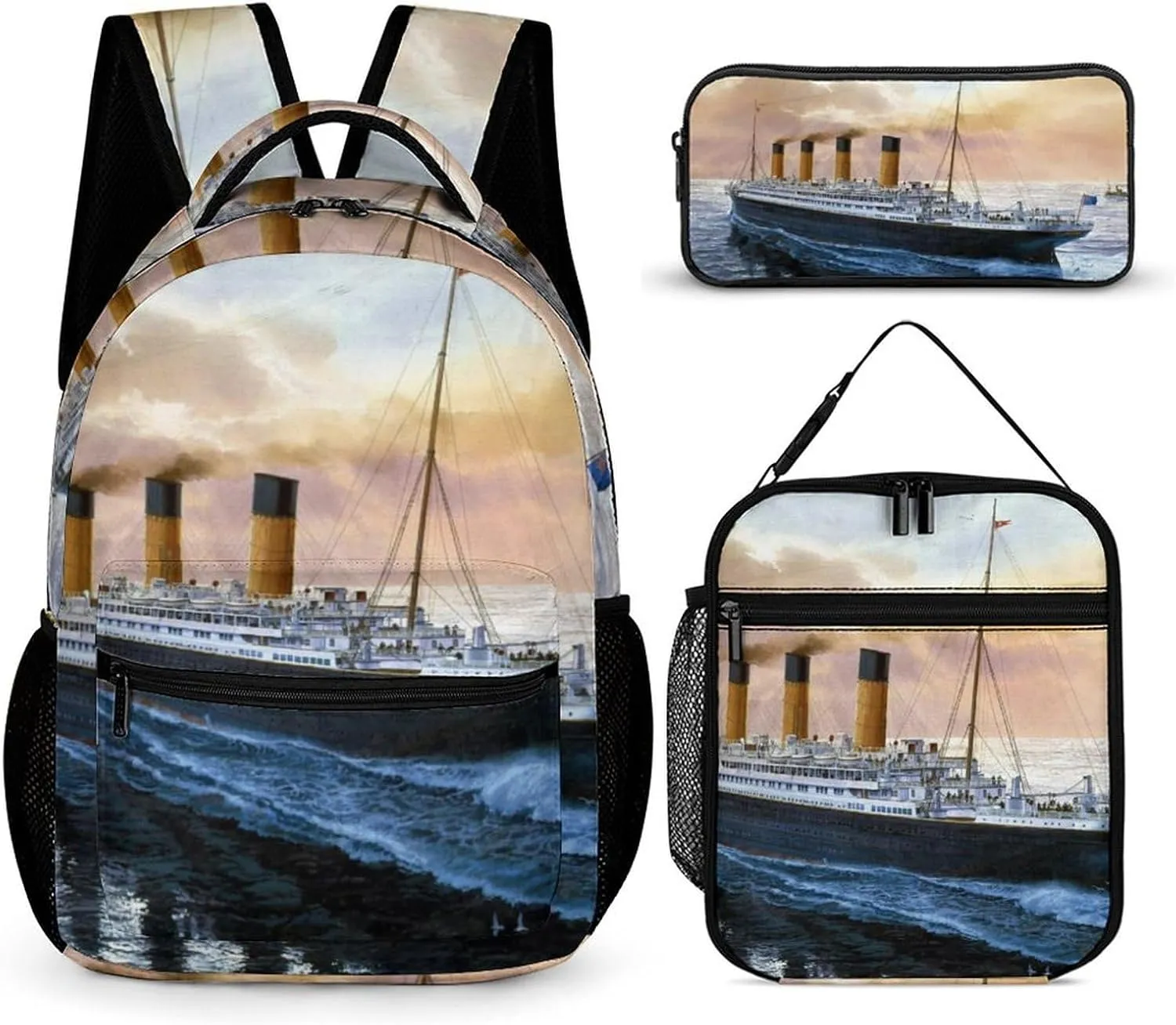 Retro Titanic Famous Old Historic 3 Piece Backpack Set Cute Travel Daypack Set with Lunch Bag Pencil Case for Men Women