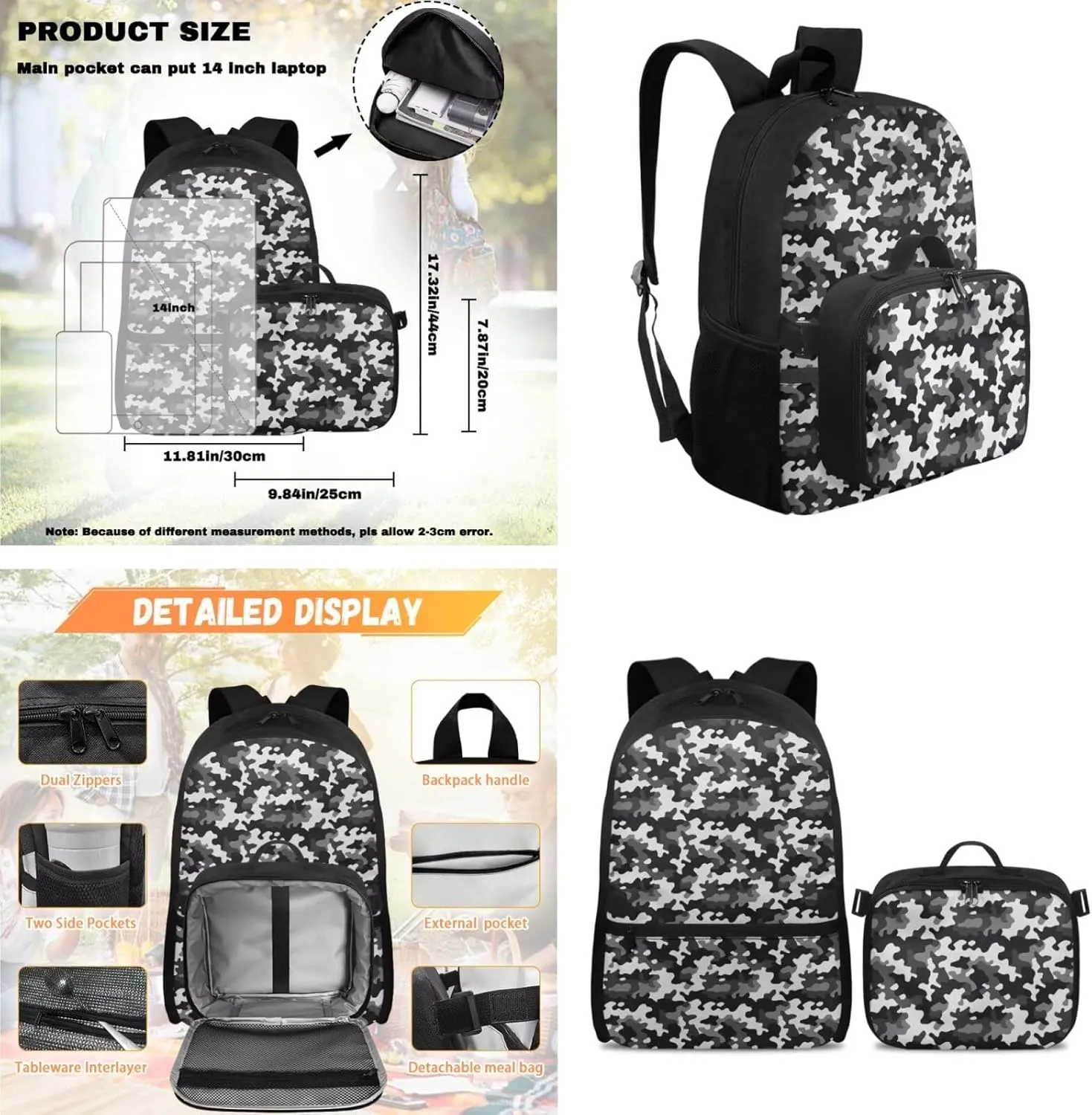 Rnyleeg Black and White Camo Backpack for Boys 3 Pcs School Backpack for Boys 6-8 8-12 Large Capacity 17 inch Bookbag Set for Elementary School Casual Hiking Rucksack