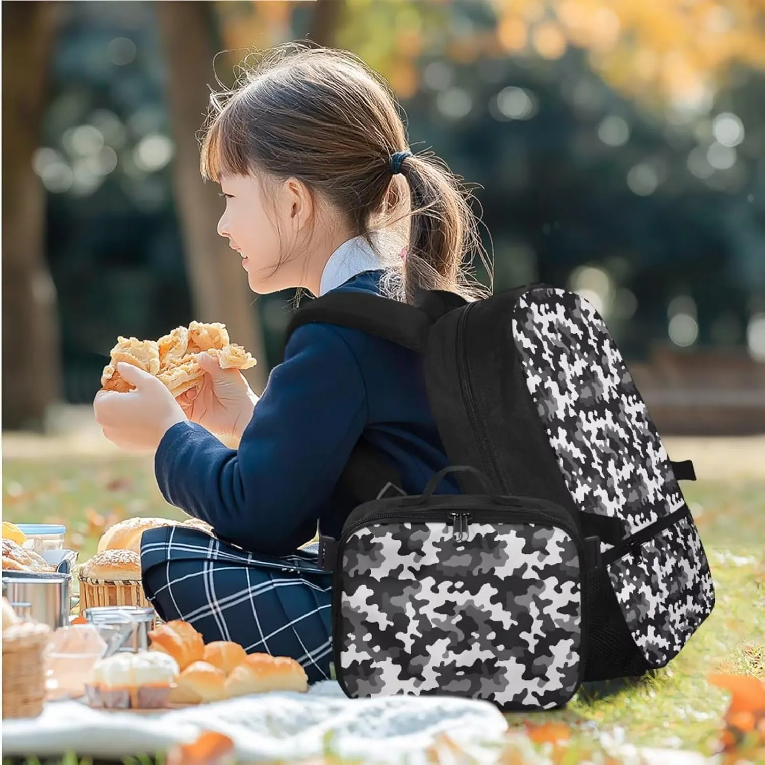 Rnyleeg Black and White Camo Backpack for Boys 3 Pcs School Backpack for Boys 6-8 8-12 Large Capacity 17 inch Bookbag Set for Elementary School Casual Hiking Rucksack