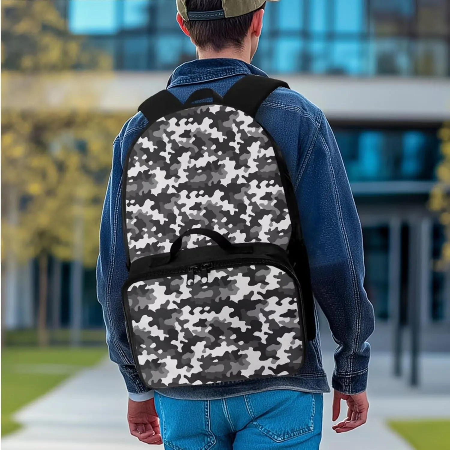 Rnyleeg Black and White Camo Backpack for Boys 3 Pcs School Backpack for Boys 6-8 8-12 Large Capacity 17 inch Bookbag Set for Elementary School Casual Hiking Rucksack