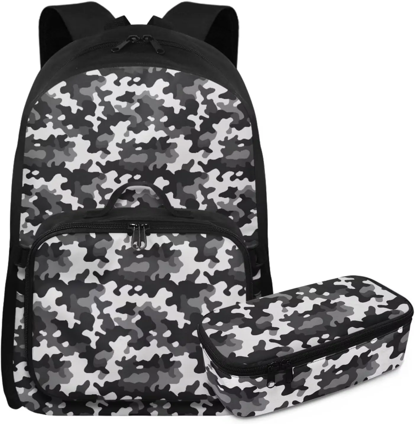 Rnyleeg Black and White Camo Backpack for Boys 3 Pcs School Backpack for Boys 6-8 8-12 Large Capacity 17 inch Bookbag Set for Elementary School Casual Hiking Rucksack