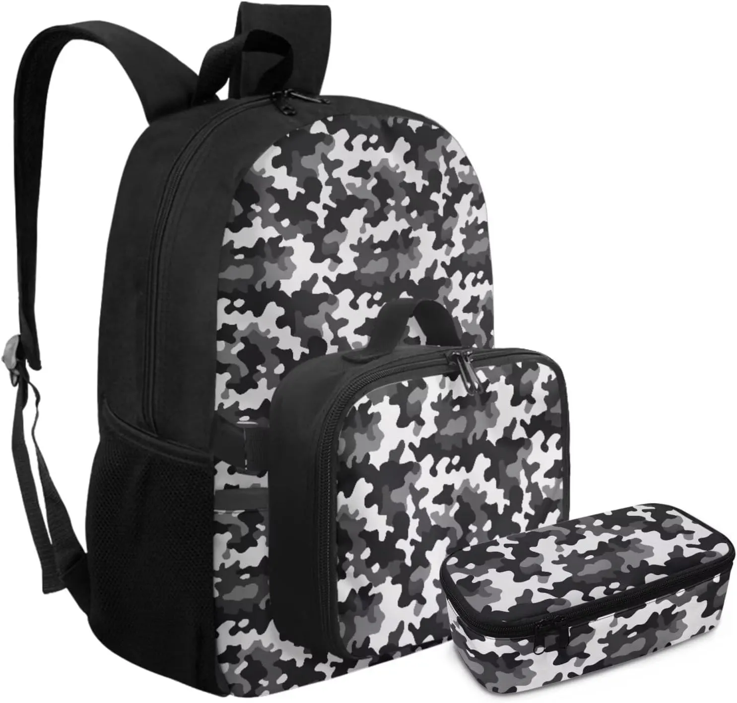 Rnyleeg Black and White Camo Backpack for Boys 3 Pcs School Backpack for Boys 6-8 8-12 Large Capacity 17 inch Bookbag Set for Elementary School Casual Hiking Rucksack