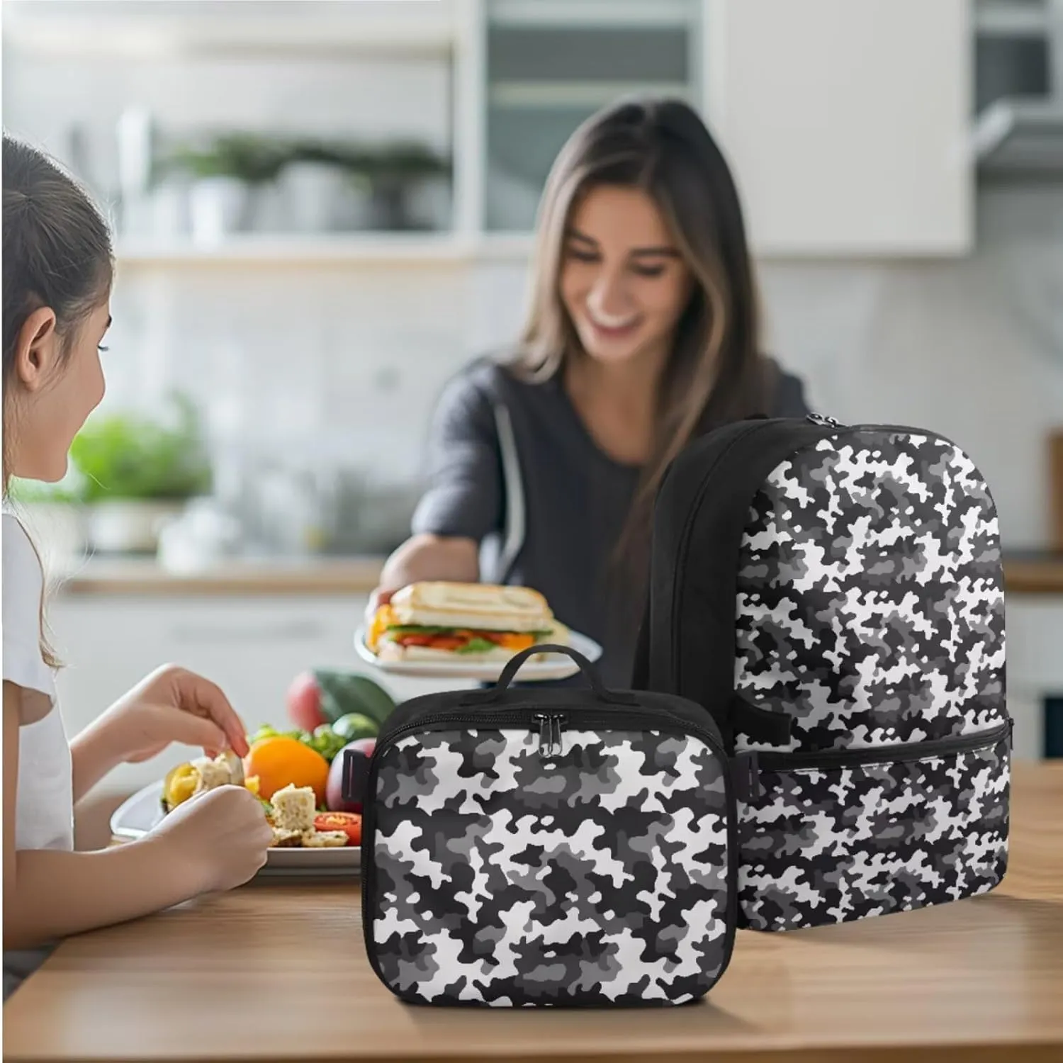 Rnyleeg Black and White Camo Backpack for Boys 3 Pcs School Backpack for Boys 6-8 8-12 Large Capacity 17 inch Bookbag Set for Elementary School Casual Hiking Rucksack