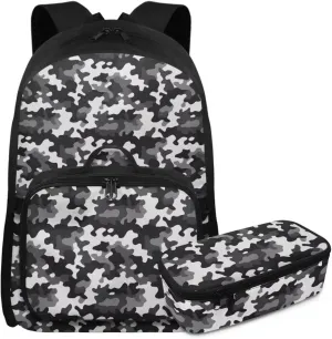Rnyleeg Black and White Camo Backpack for Boys 3 Pcs School Backpack for Boys 6-8 8-12 Large Capacity 17 inch Bookbag Set for Elementary School Casual Hiking Rucksack