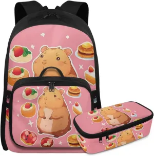 Rnyleeg Cute Capybara Backpack for Girls with Lunch Box 17 Inch School Bag Set 3 Pcs Bookbag Set with Pencil Case for Elementary School Travel Backpack