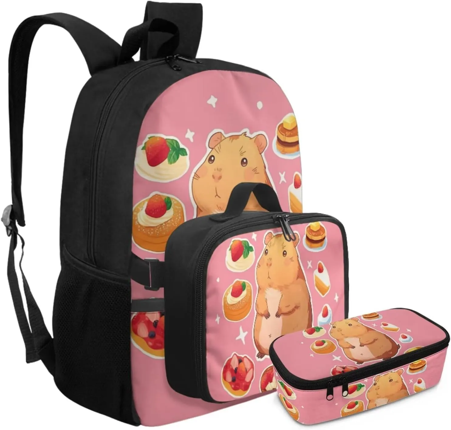 Rnyleeg Cute Capybara Backpack for Girls with Lunch Box 17 Inch School Bag Set 3 Pcs Bookbag Set with Pencil Case for Elementary School Travel Backpack