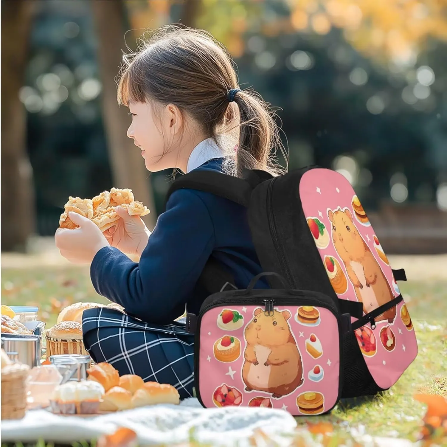 Rnyleeg Cute Capybara Backpack for Girls with Lunch Box 17 Inch School Bag Set 3 Pcs Bookbag Set with Pencil Case for Elementary School Travel Backpack
