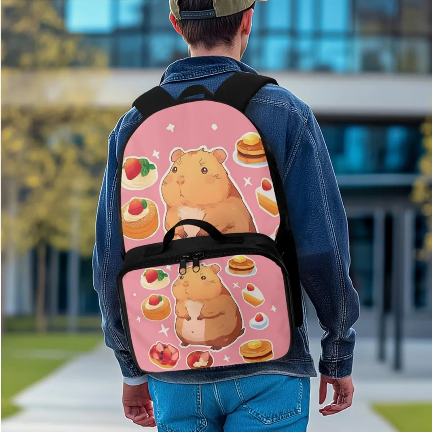 Rnyleeg Cute Capybara Backpack for Girls with Lunch Box 17 Inch School Bag Set 3 Pcs Bookbag Set with Pencil Case for Elementary School Travel Backpack