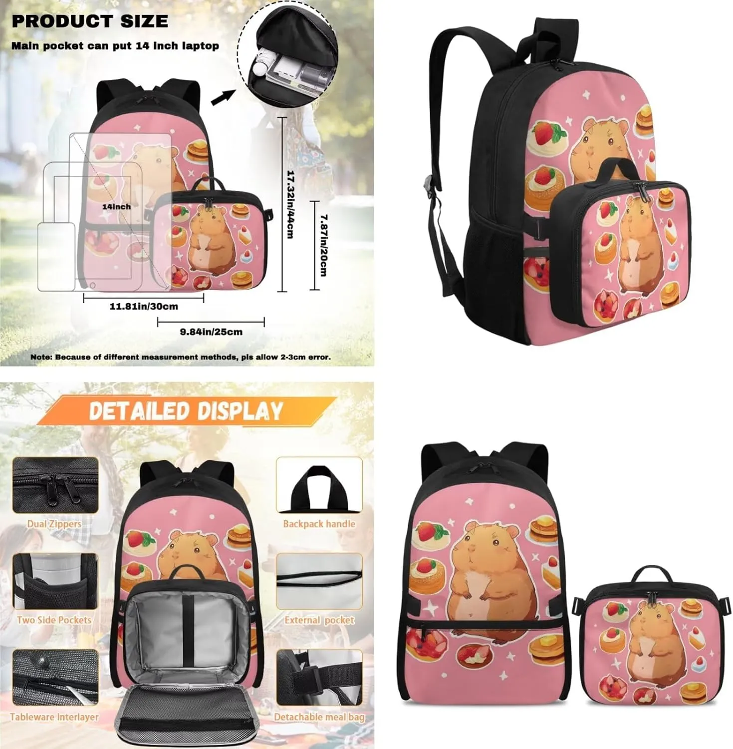 Rnyleeg Cute Capybara Backpack for Girls with Lunch Box 17 Inch School Bag Set 3 Pcs Bookbag Set with Pencil Case for Elementary School Travel Backpack
