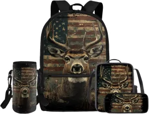 Rnyleeg Wood American Flag Backpack for Boys 12-14 with Lunch Box Novelty Deer Hunting Backpack Set 4 Pcs Kids Bookbag Set for Elementary Middle School Casual Travel Bag Set