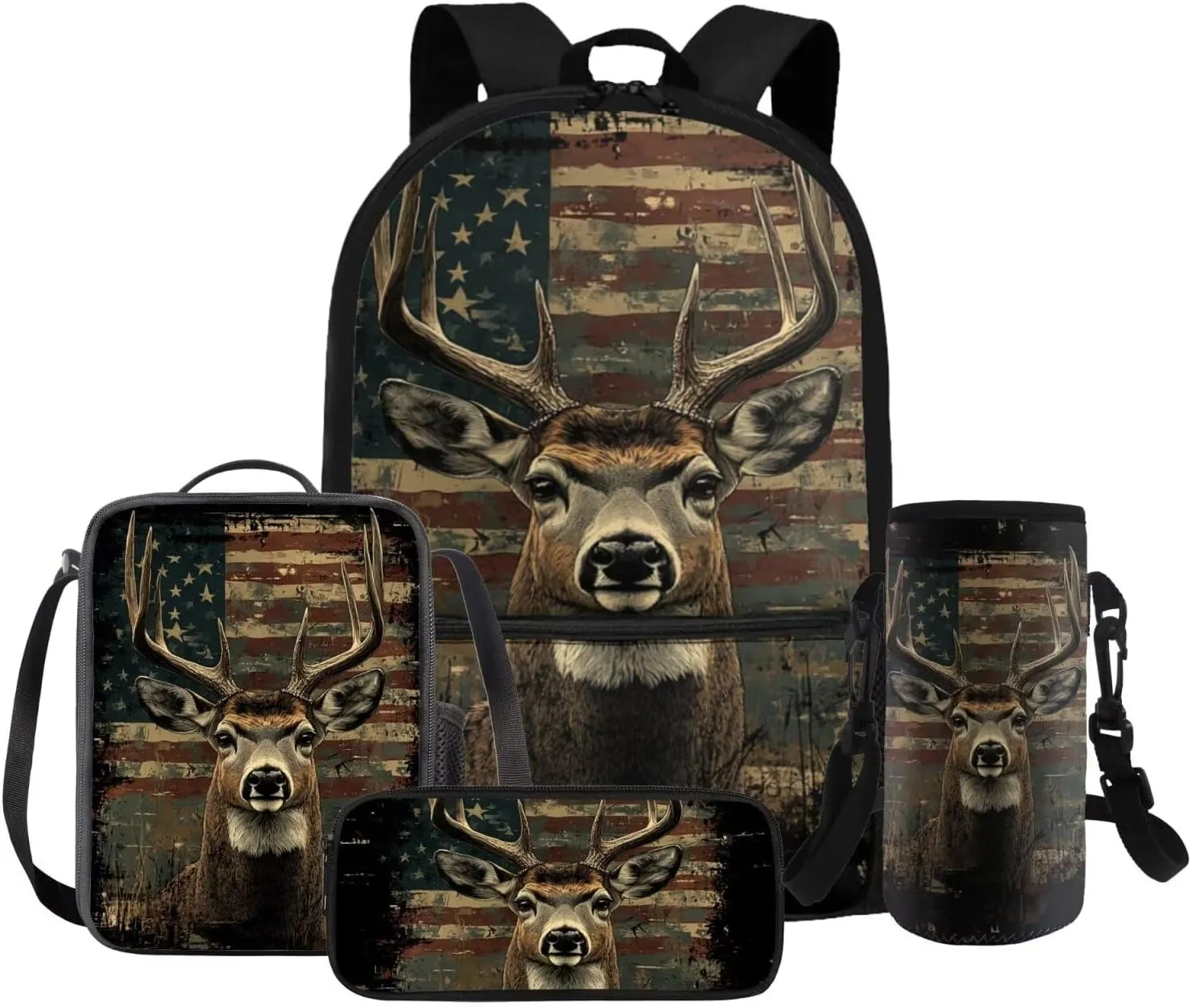 Rnyleeg Wood American Flag Backpack for Boys 12-14 with Lunch Box Novelty Deer Hunting Backpack Set 4 Pcs Kids Bookbag Set for Elementary Middle School Casual Travel Bag Set