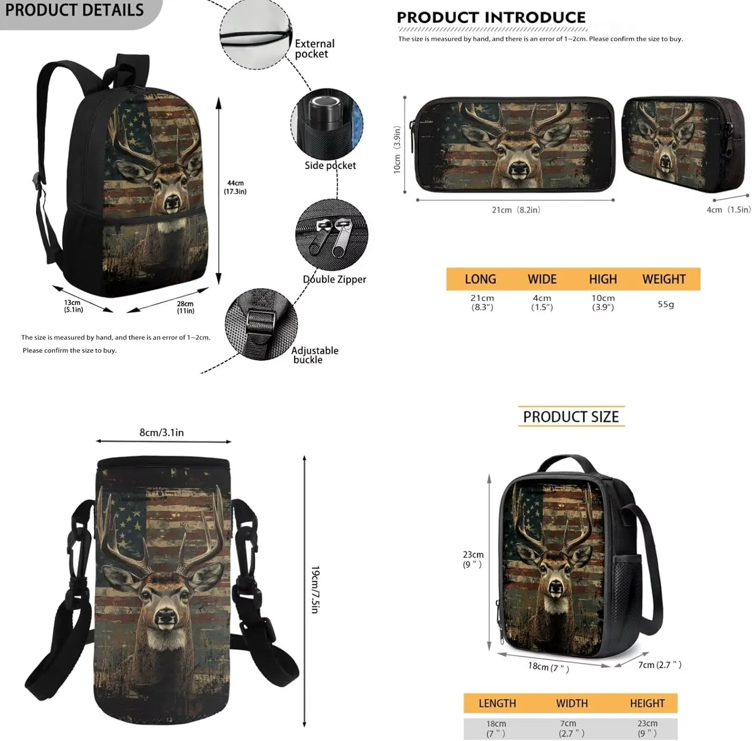 Rnyleeg Wood American Flag Backpack for Boys 12-14 with Lunch Box Novelty Deer Hunting Backpack Set 4 Pcs Kids Bookbag Set for Elementary Middle School Casual Travel Bag Set