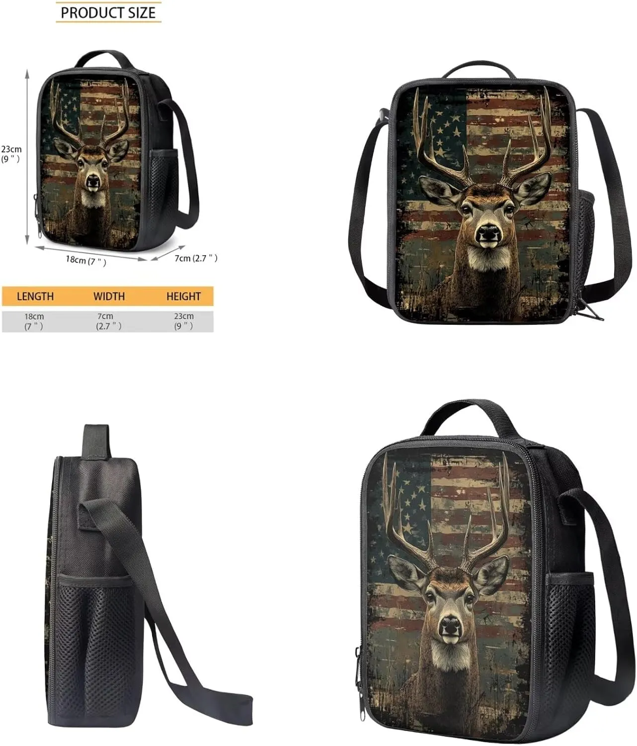 Rnyleeg Wood American Flag Backpack for Boys 12-14 with Lunch Box Novelty Deer Hunting Backpack Set 4 Pcs Kids Bookbag Set for Elementary Middle School Casual Travel Bag Set