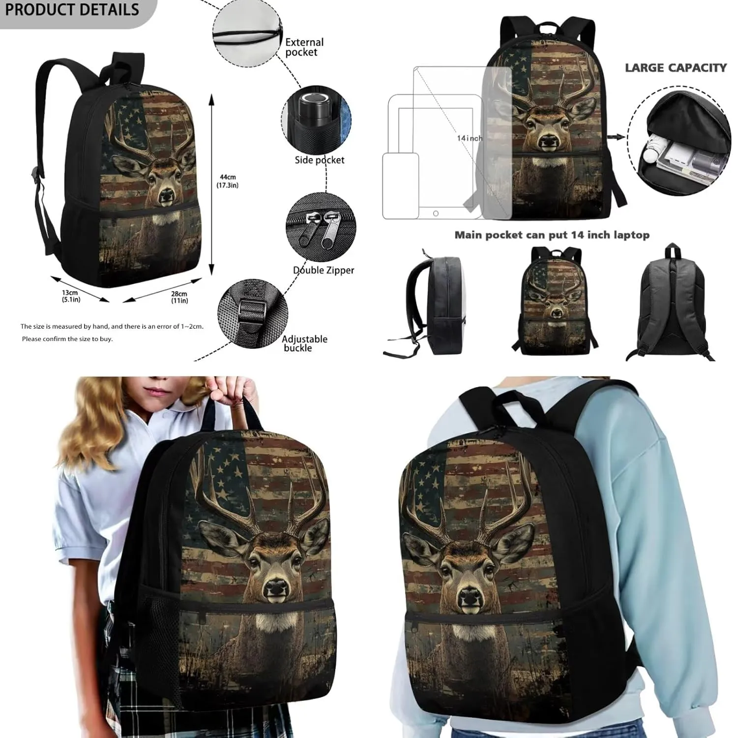 Rnyleeg Wood American Flag Backpack for Boys 12-14 with Lunch Box Novelty Deer Hunting Backpack Set 4 Pcs Kids Bookbag Set for Elementary Middle School Casual Travel Bag Set