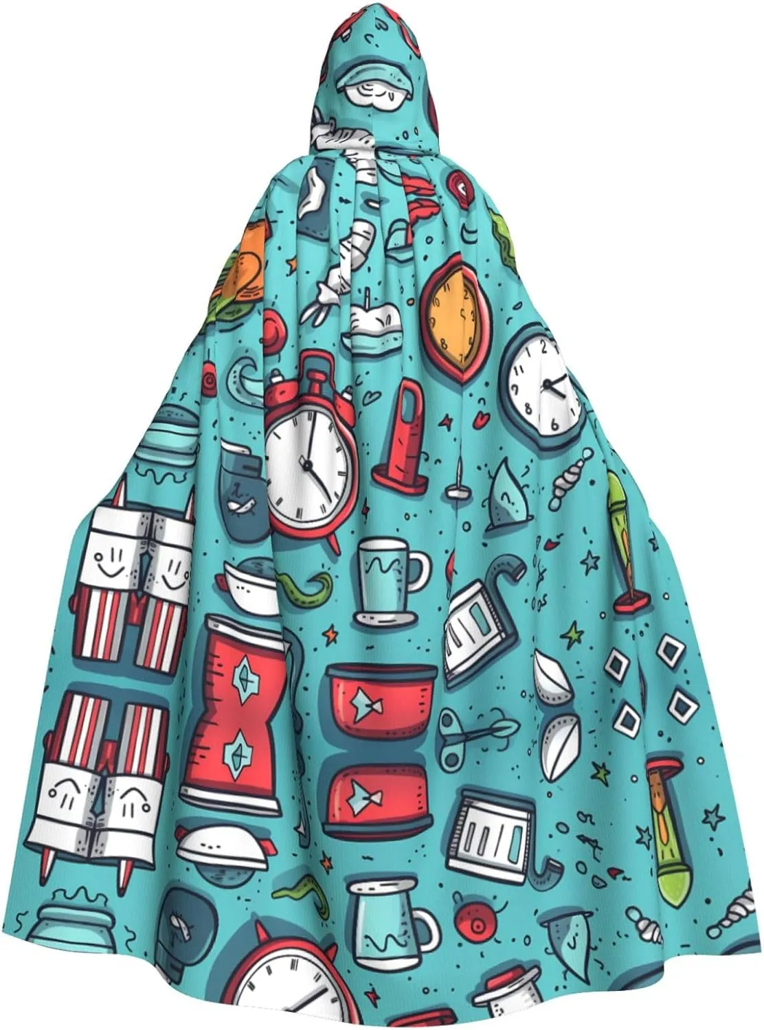 Rocket clock and coffee cup Prints Halloween Adult Hooded Cloak for Cosplay Costume Parties and More