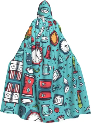 Rocket clock and coffee cup Prints Halloween Adult Hooded Cloak for Cosplay Costume Parties and More