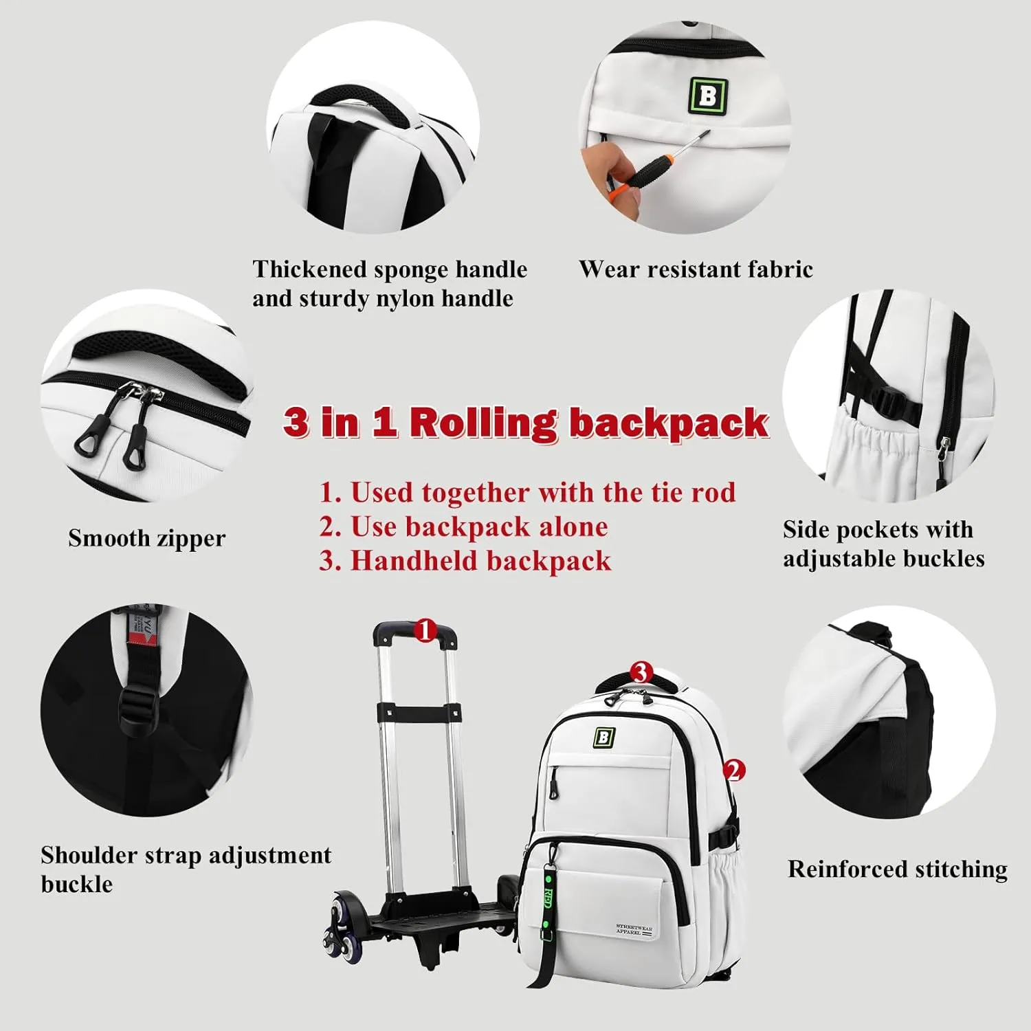 Rolling Backpack for Boys Kids with Wheels Trolley School Bag for Teens Elementary Wheeled Backpack