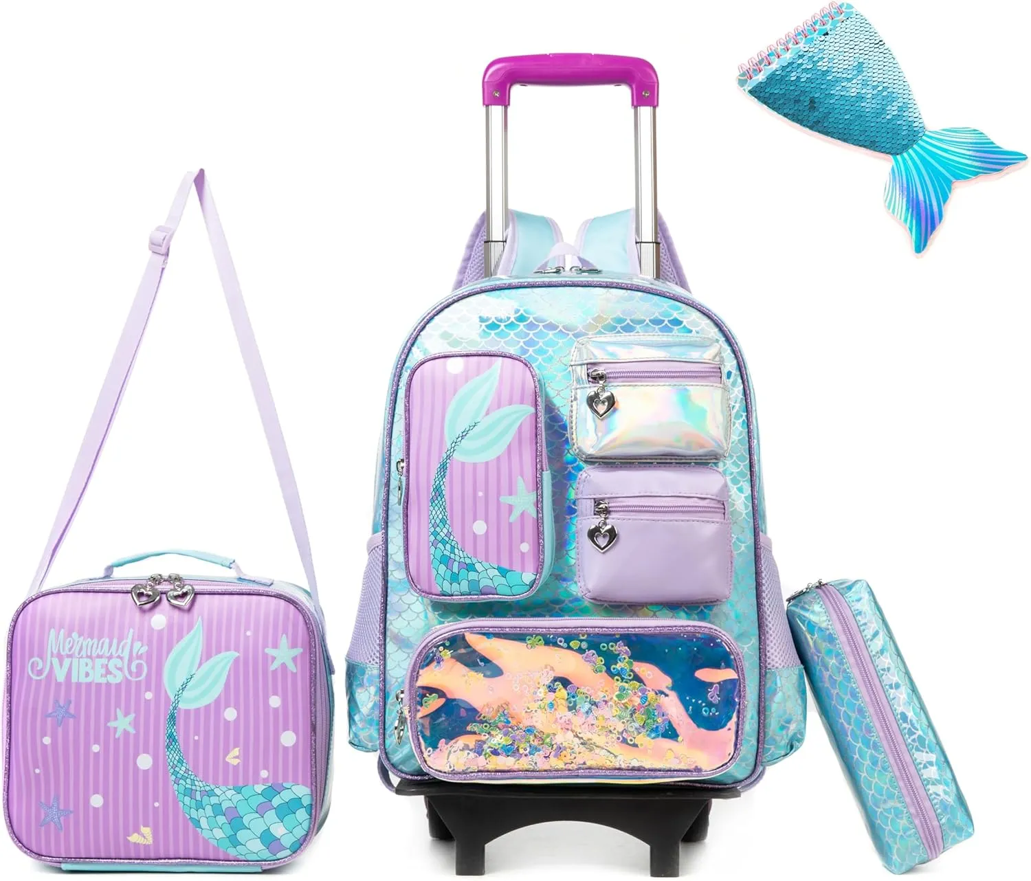 Rolling Backpack for Girls with Wheels Kids Rolling Backpack with Lunch Bag Cute Lightweight Mermaid Backpack