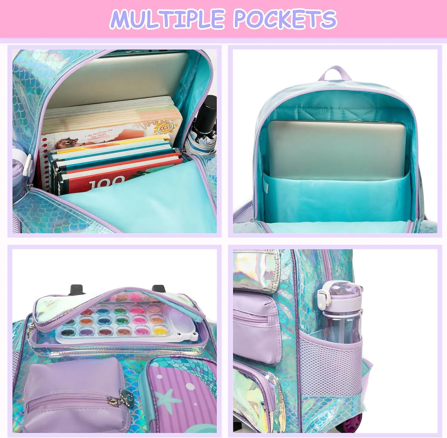 Rolling Backpack for Girls with Wheels Kids Rolling Backpack with Lunch Bag Cute Lightweight Mermaid Backpack