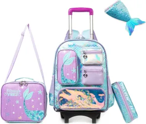 Rolling Backpack for Girls with Wheels Kids Rolling Backpack with Lunch Bag Cute Lightweight Mermaid Backpack