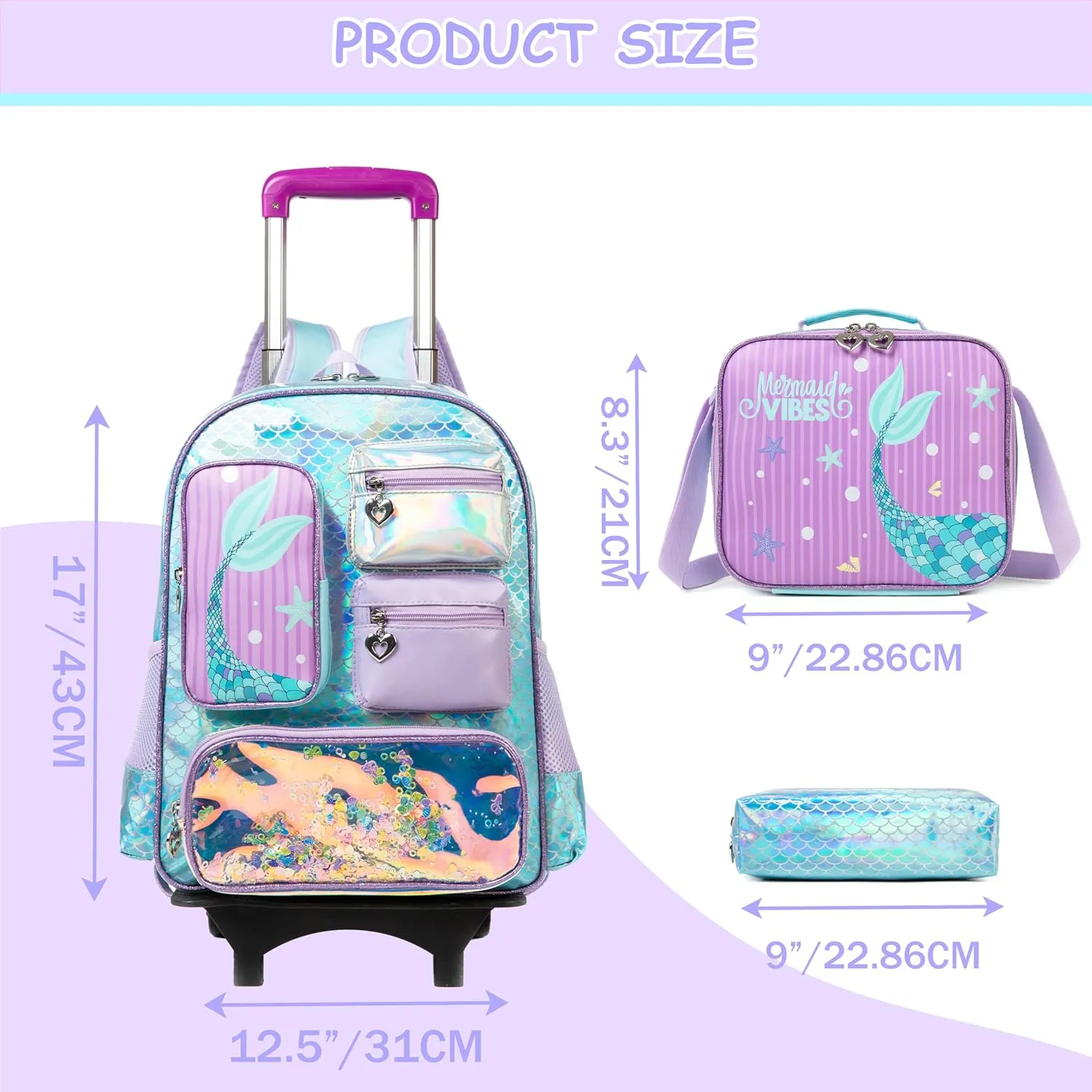 Rolling Backpack for Girls with Wheels Kids Rolling Backpack with Lunch Bag Cute Lightweight Mermaid Backpack