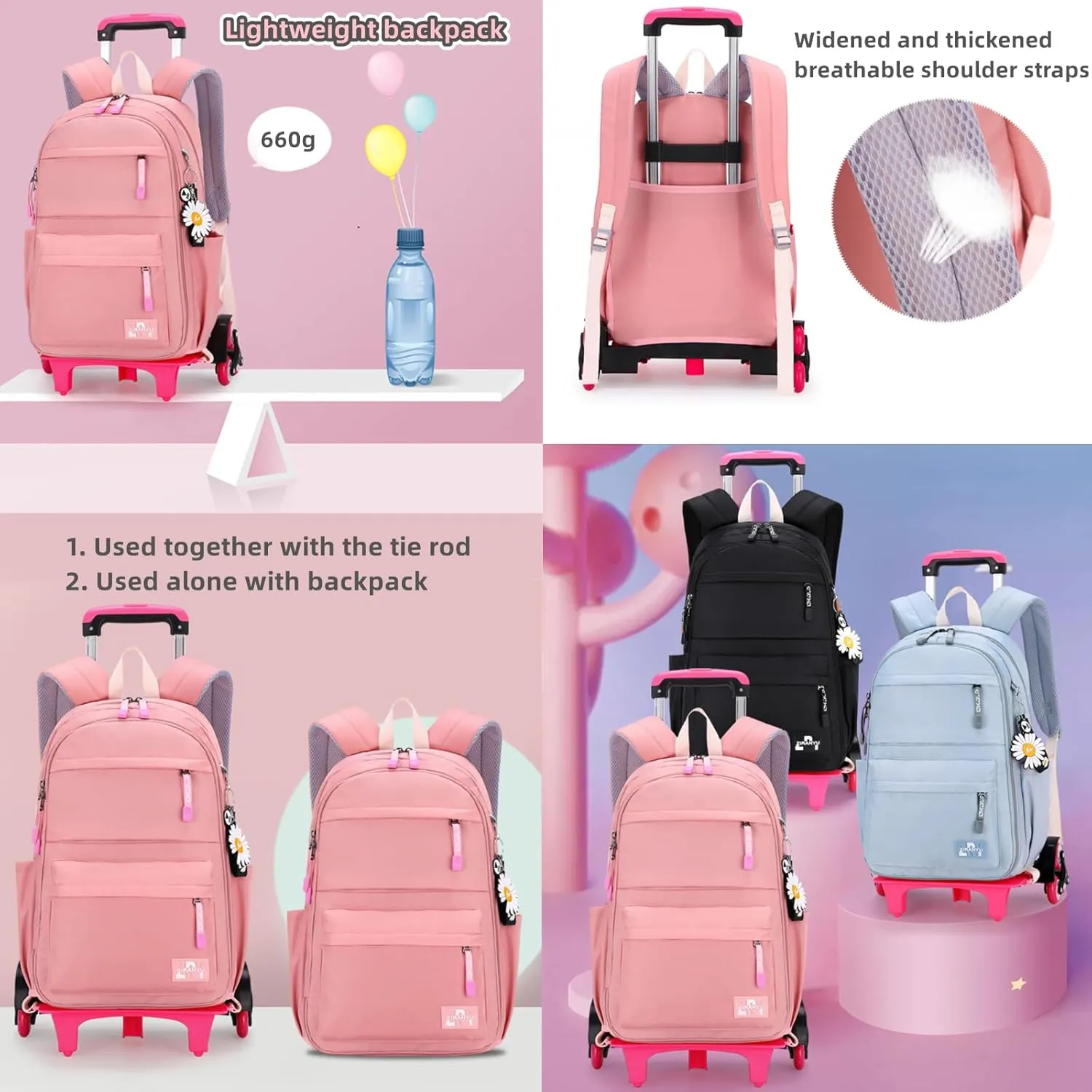 Rolling Backpack,Backpack with Wheels,Kids Roller Backpack for Girls Boys Travel Bag on Wheels Kids Trolley School Bag,Blue