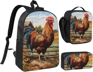 Rooster on Wood in Farmland print 3PCS Backpack for Men Women Aesthetic 17 Inches Bookbag with Lunch Box Pencil Bag
