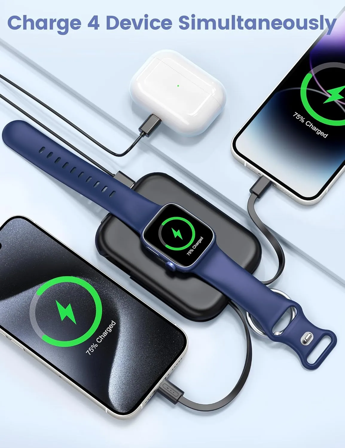 RORRY Portable Charger, 5000mAh Portable Charger Power Bank with Built-in Cables, Travel Keychain Battery Pack for Apple Watch Ultra 2/10/9/8/Ultra/7/6/SE/5, iPhone 16/15/14/13/12, Black