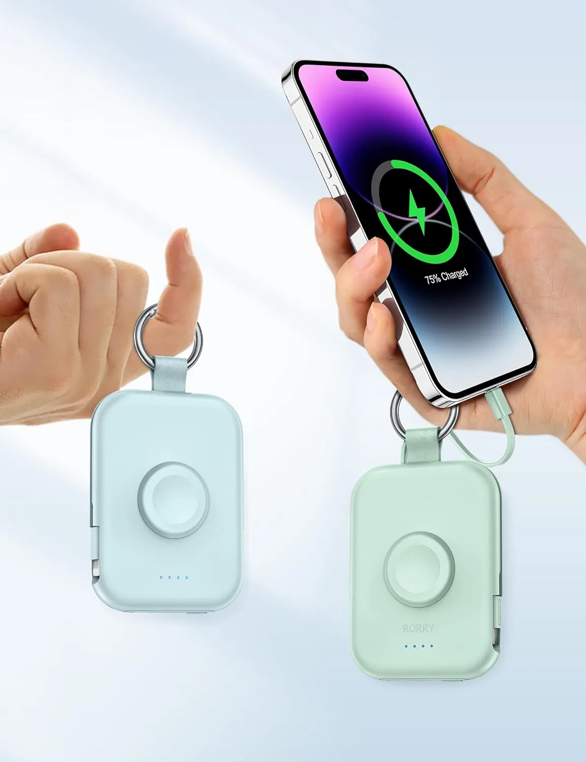 RORRY Portable Charger, 5000mAh Portable Charger Power Bank with Built-in Cables, Travel Keychain Battery Pack for Apple Watch Ultra 2/10/9/8/Ultra/7/6/SE/5, iPhone 16/15/14/13/12, Black
