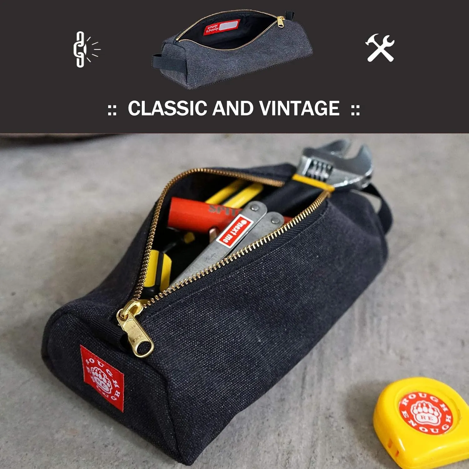 Rough Enough Small Tool Pouch Bag for Motorcycle Bike Accessories Storage Organizer with Zipper Handle Canvas Black