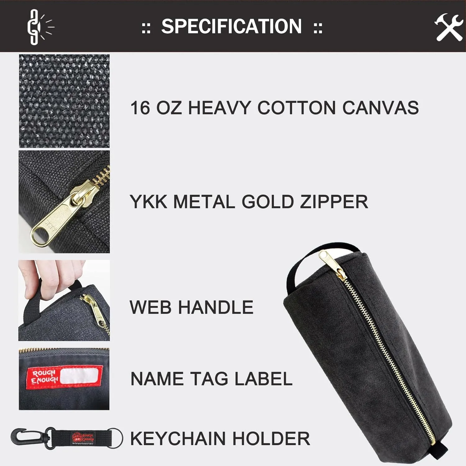 Rough Enough Small Tool Pouch Bag for Motorcycle Bike Accessories Storage Organizer with Zipper Handle Canvas Black