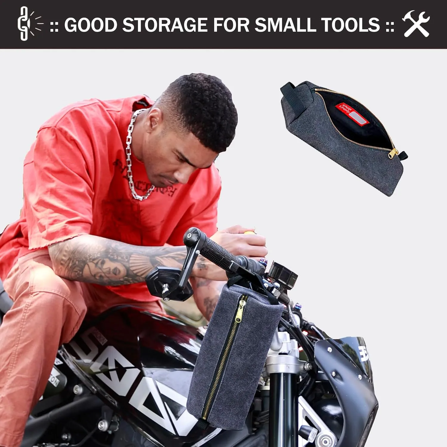 Rough Enough Small Tool Pouch Bag for Motorcycle Bike Accessories Storage Organizer with Zipper Handle Canvas Black
