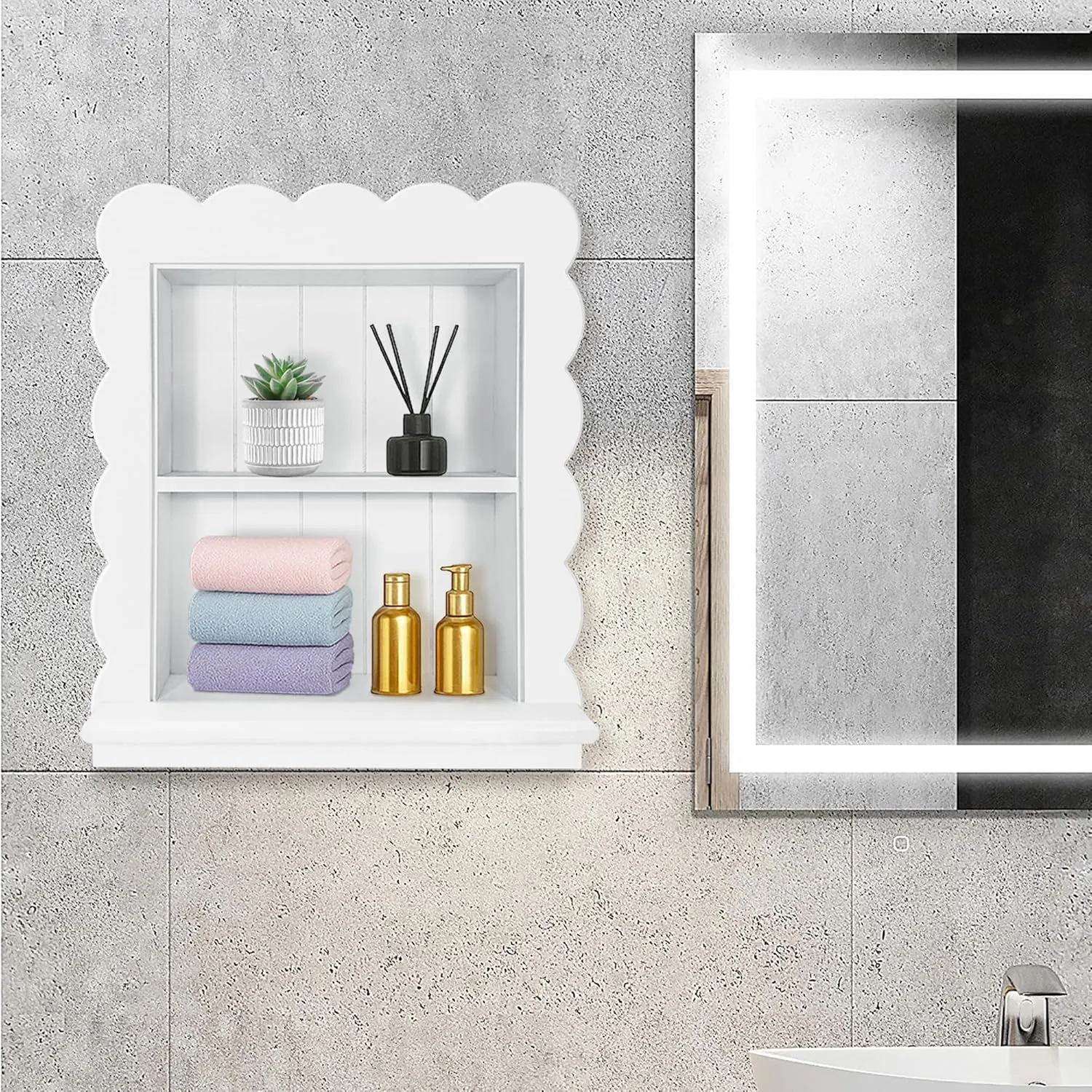 Royxen 14"x18" Recessed Medicine Cabinet, 2-Tier Wooden Bathroom Wall Cabinets Without Mirror,Scalloped Large Medicine Cabinet Niche for Bathroom Storage Organizer,White