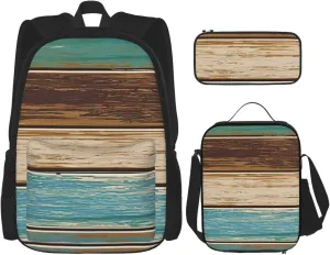 Rustic Wood Plank Print Pocket Backpack,Pencil Case And Lunch Bag Set For Men And Women,Large Capacity