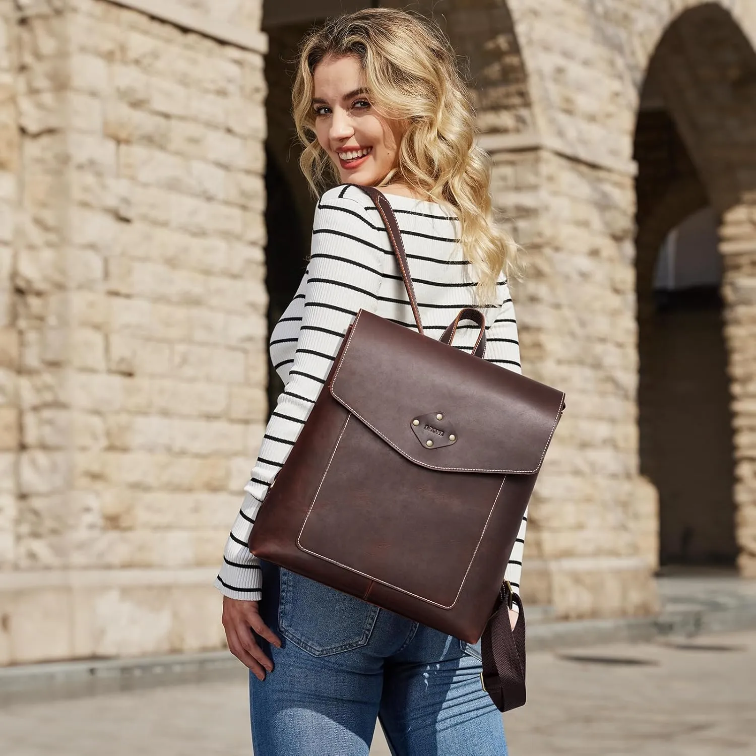 S-ZONE Leather Backpack Purse for Women Vintage Rucksack Handbag Travel Daypack