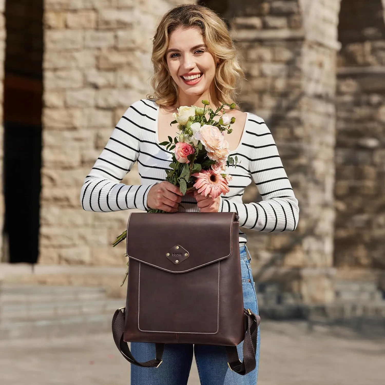 S-ZONE Leather Backpack Purse for Women Vintage Rucksack Handbag Travel Daypack