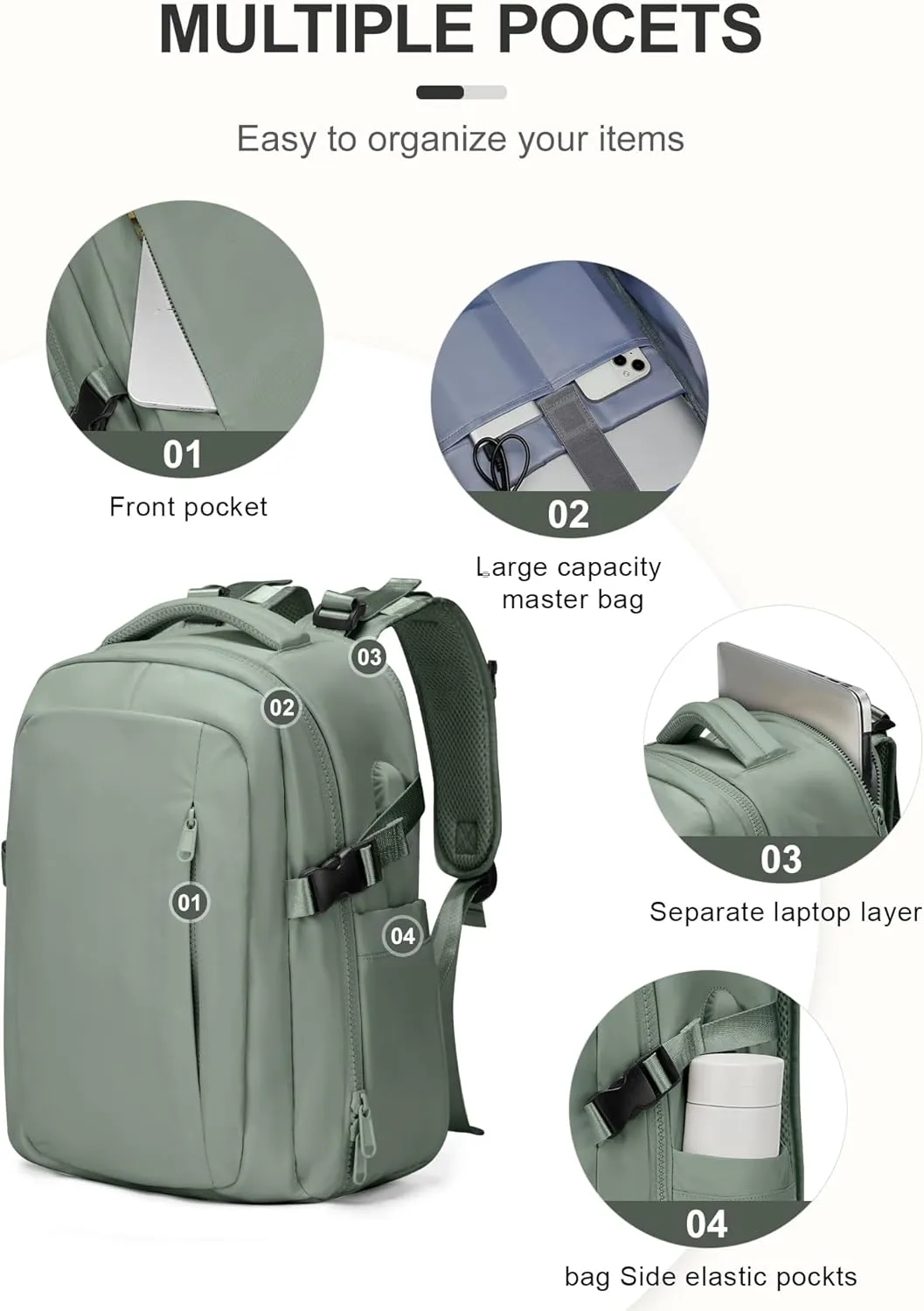 Sage Green Travel Backpack for Women Mens Backpack Carry On Flight Approved personal item bag, 14 Inch Anti Theft Laptop Backpack Waterproof for Weekender Traveling Hiking