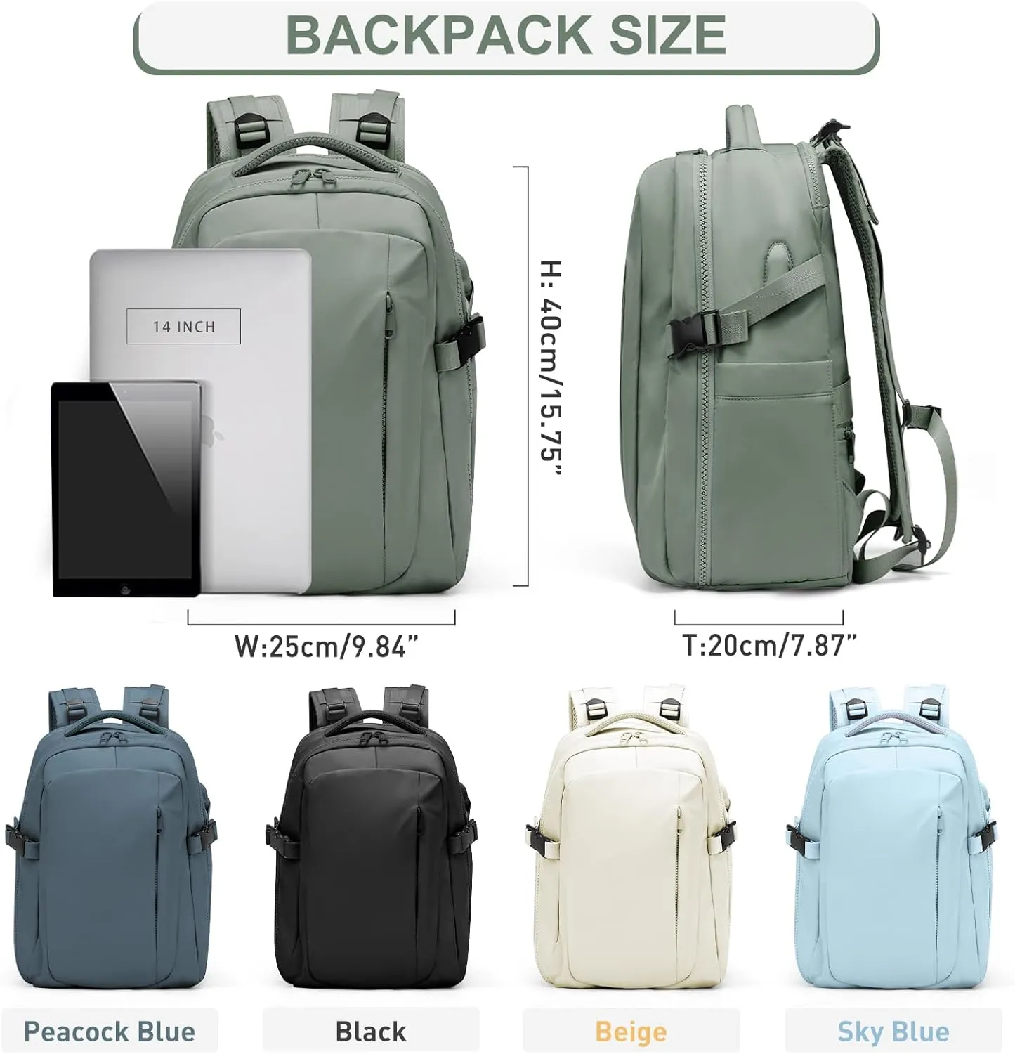Sage Green Travel Backpack for Women Mens Backpack Carry On Flight Approved personal item bag, 14 Inch Anti Theft Laptop Backpack Waterproof for Weekender Traveling Hiking