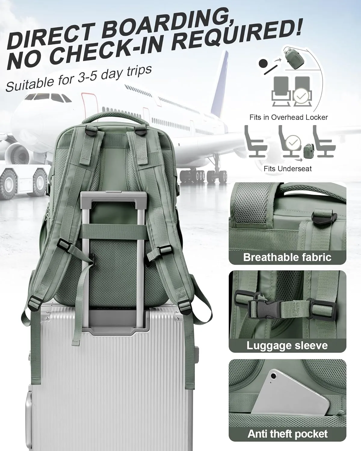 Sage Green Travel Backpack for Women Mens Backpack Carry On Flight Approved personal item bag, 14 Inch Anti Theft Laptop Backpack Waterproof for Weekender Traveling Hiking