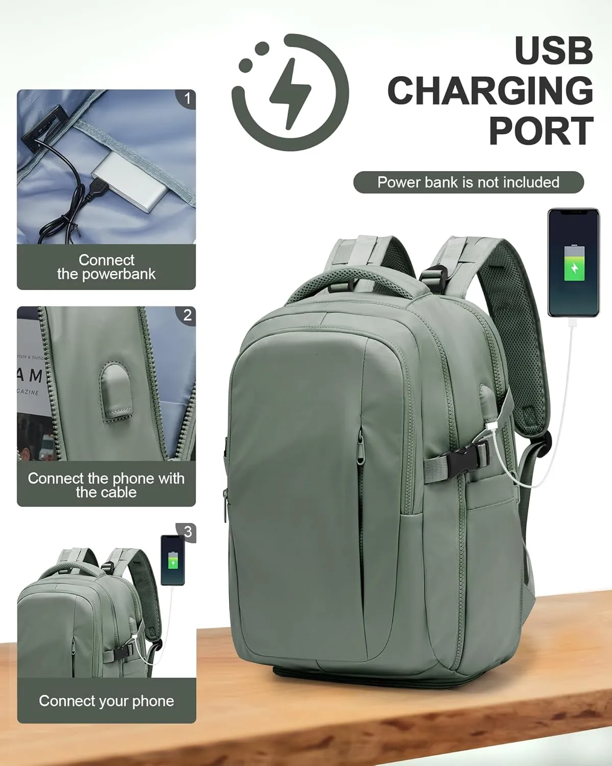 Sage Green Travel Backpack for Women Mens Backpack Carry On Flight Approved personal item bag, 14 Inch Anti Theft Laptop Backpack Waterproof for Weekender Traveling Hiking